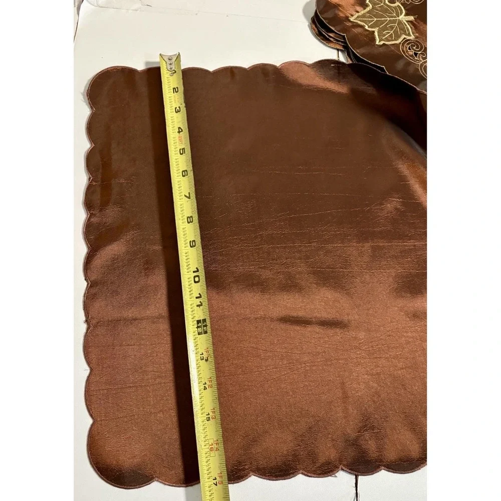 Vtg Bronze Cutwork Fall Leaf Placemats & Napkins w Scalloped Edges Silky Elegant